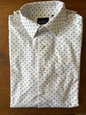 Ben Sherman Long Sleeve Shirt Slim Stretch White Black Floral Print 15.5 32/33